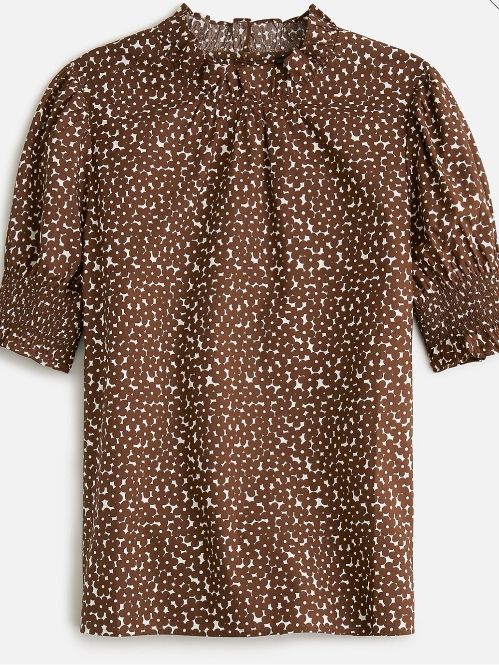 J. Crew Smocked cotton poplin puff-sleeve top in mocha floral